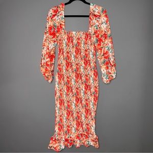 Floral Shirred Frill Puff Sleeve Bodycon Midi Dress - Pink Lily - SIZE S